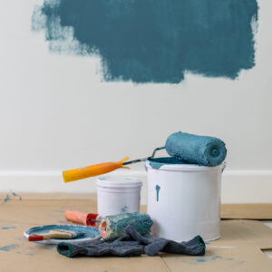 Paint bucket with roller, glove and brush, Home renovation
